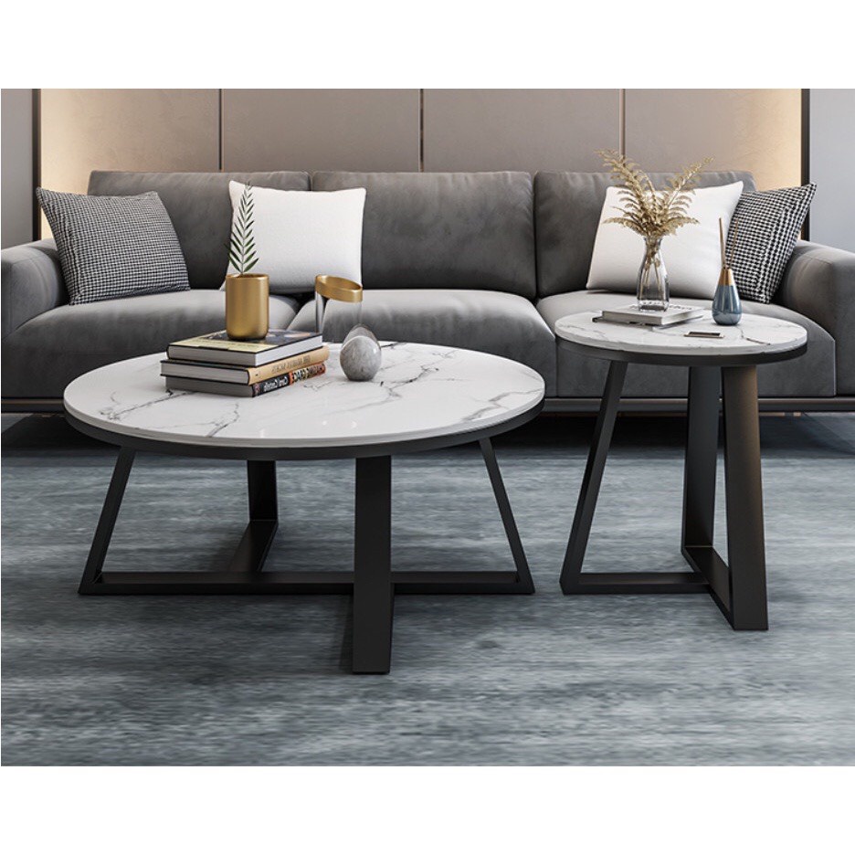 Bàn trà đôi sofa phòng khách 2 mặt đá tròn cao cấp, khung chân kim loại hình chữ Y vững chắc, sang trọng