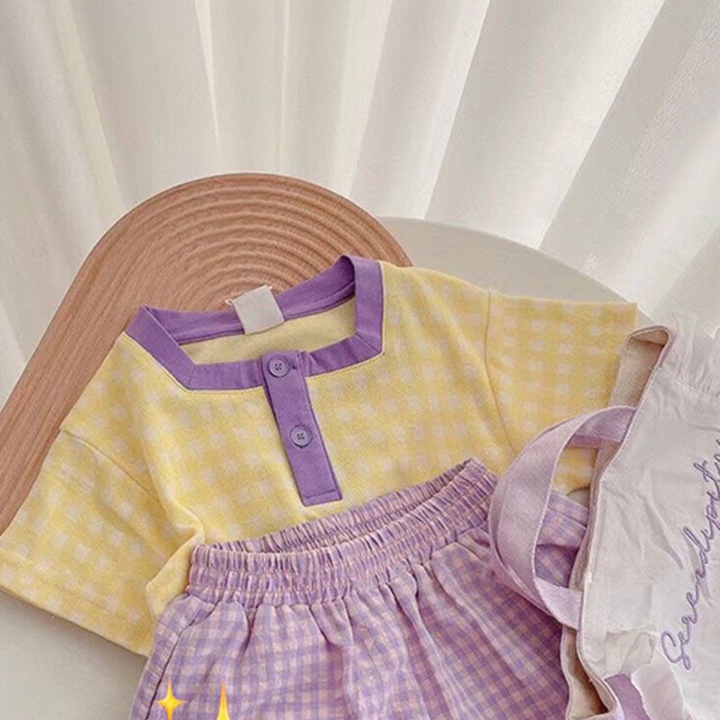 Set Áo Thun Cotton Ngắn Tay Và Quần Short Sọc Ca Rô Màu Tím Thời Trang Mùa Hè Hàn Quốc Mới Cho Bé Gái 2023