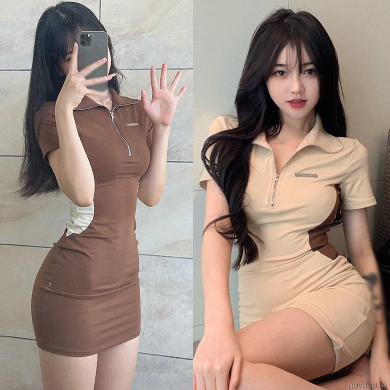 Đầm ngắn tay dáng ôm phối khóa kéo màu sắc retro quyến rũ cho nữ