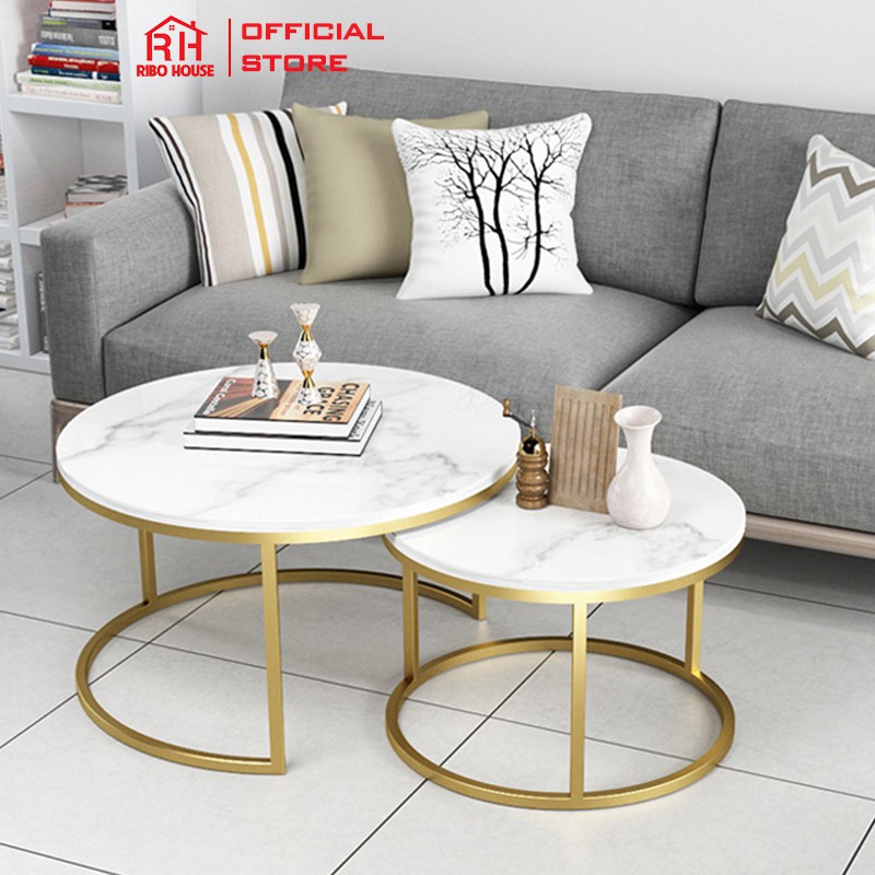 Bàn trà sofa đôi RIBO HOUSE mặt bàn đá, bàn uống nước trang trí nội thất phòng khách ban công khách sạn RIBO49