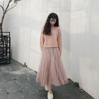 (Kèm ảnh thật) Set áo len + chân váy voan dài