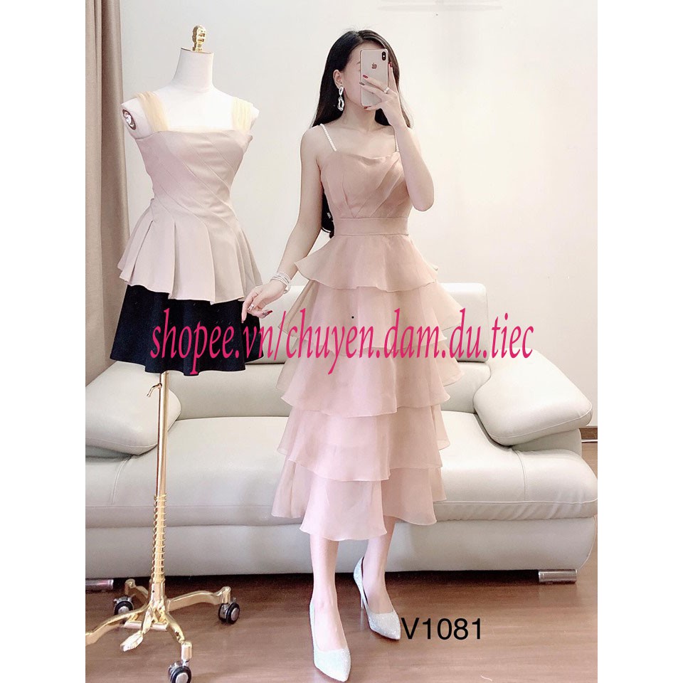 Đầm dự tiệc V1081 Váy hai dây ngọc 5 tầng  Màu be size S, M, L