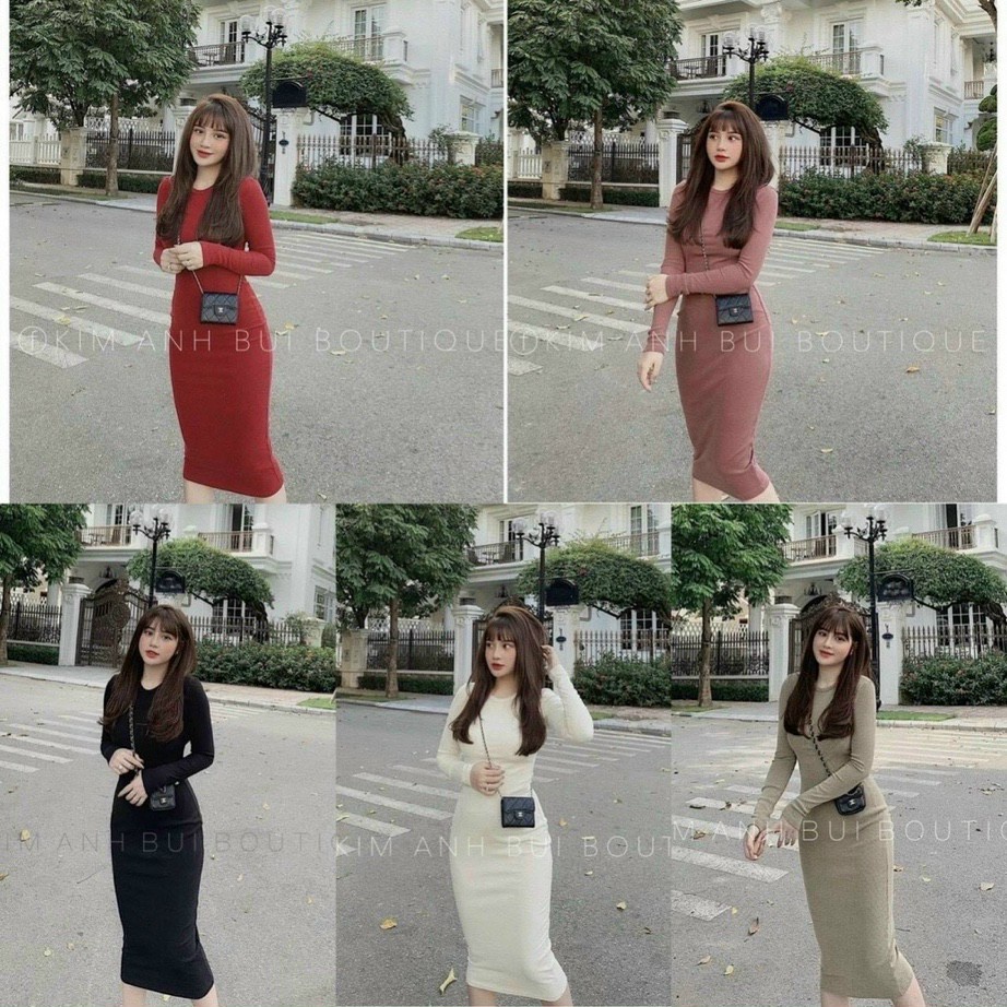 Váy Len Tăm Body Dáng Ôm Đầm Len Cổ Tròn Quyến Rũ Sang Trọng VL999