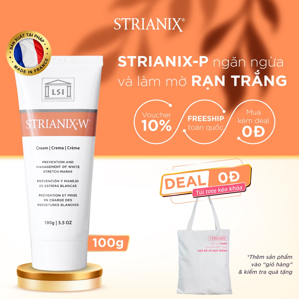 Kem chống rạn da STRIANIX-W 100g phòng và làm mờ RẠN TRẮNG - Tặng túi tote kéo khóa