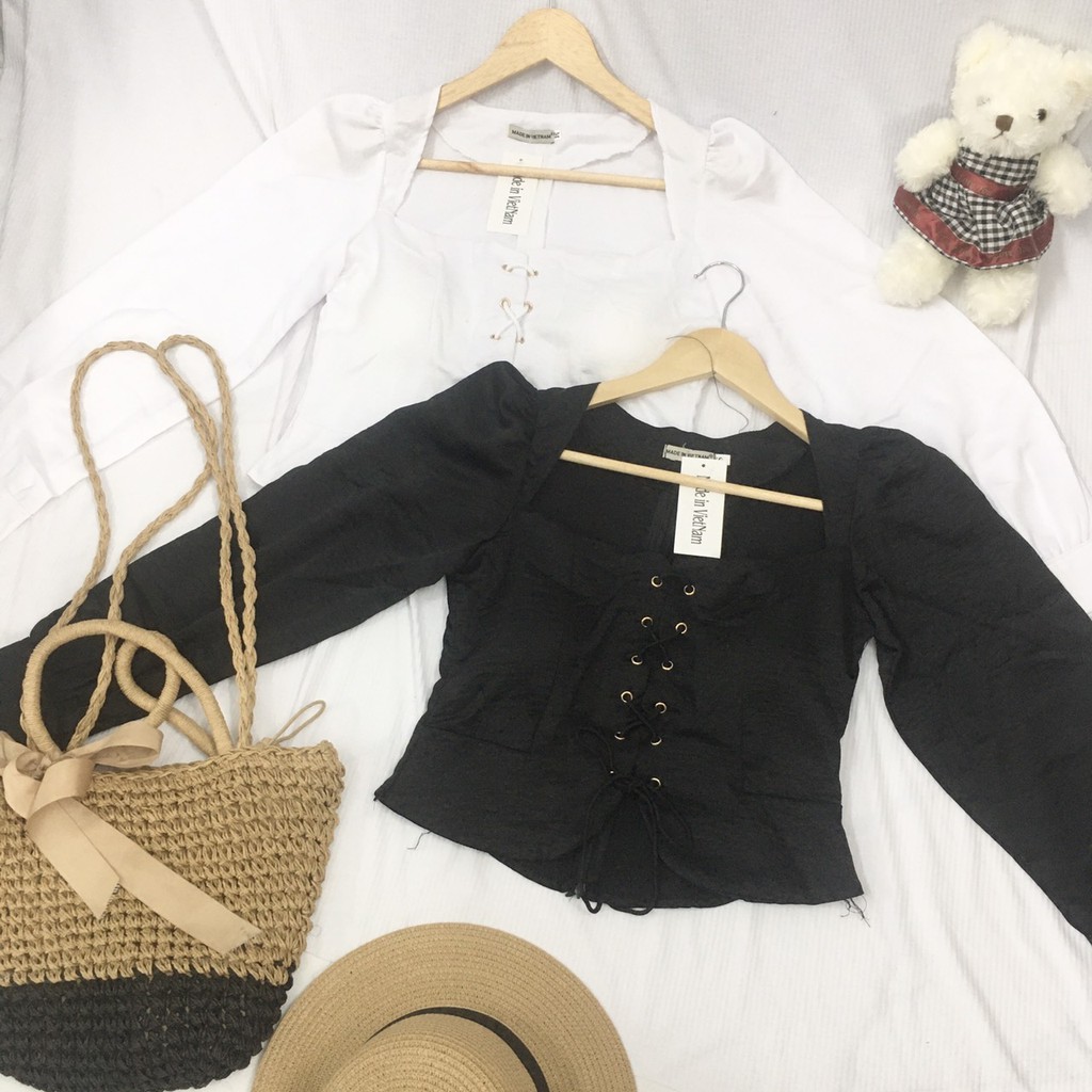 Áo crop đan dây tay phồng dài (2 màu)
