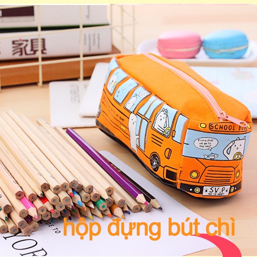 Hộp bút học sinh in hình xe buýt dễ thương