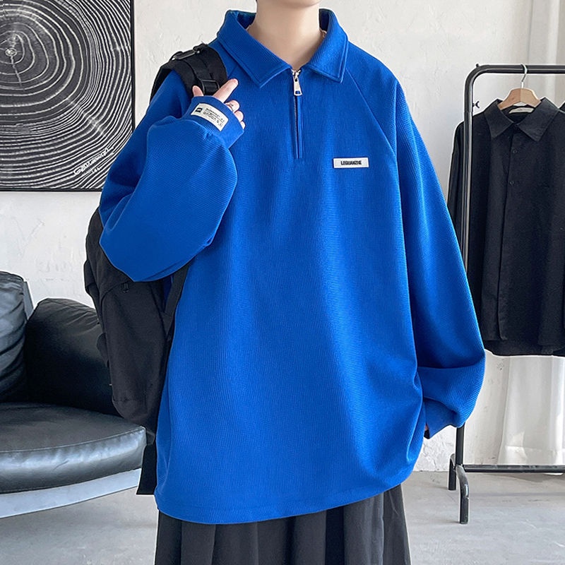 Áo Khoác Polo Cổ Bẻ Phối Khóa Kéo Màu Xanh Dương Phong Cách Retro Mỹ Cho Nam