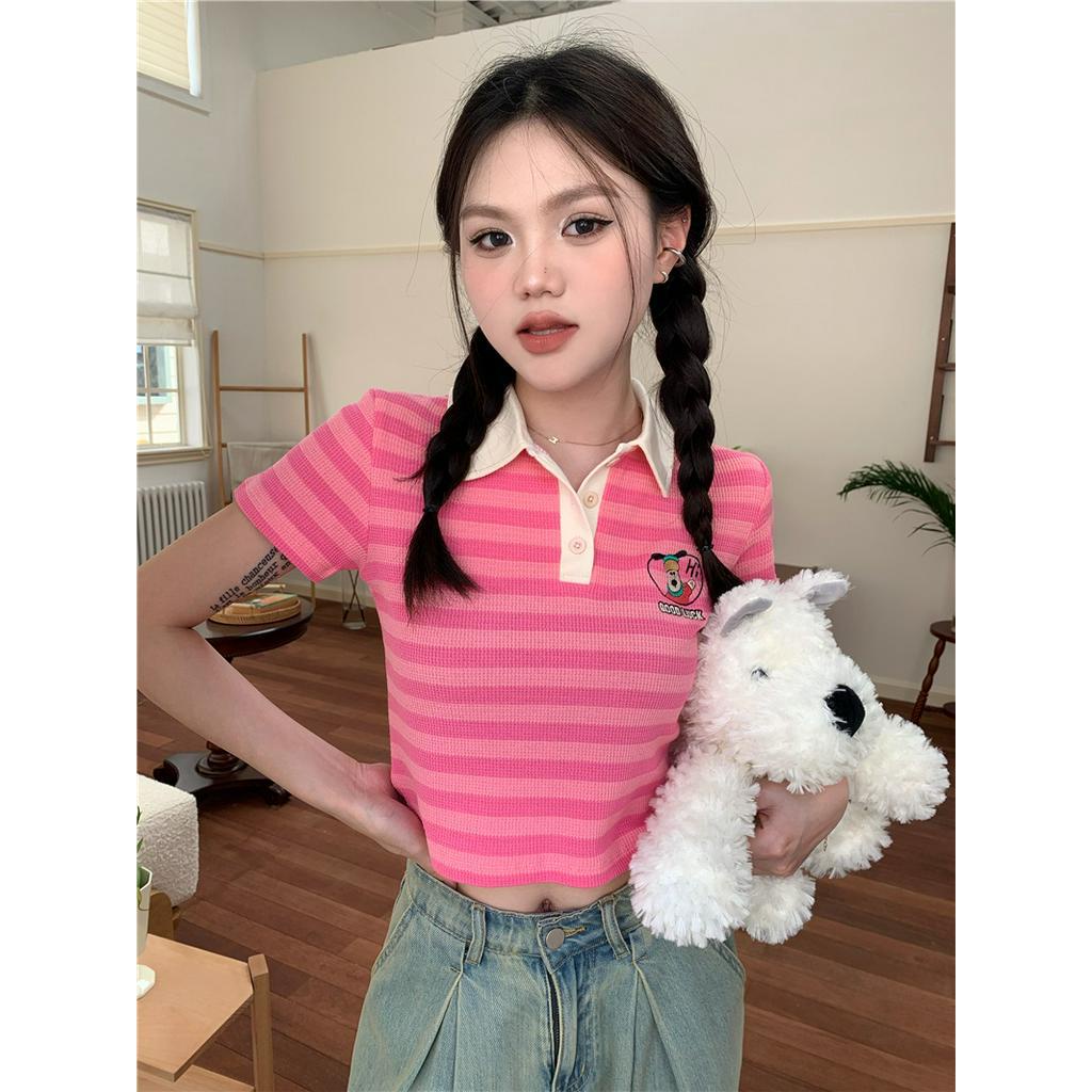 Áo Thun polo Tay Ngắn Kẻ Sọc Thêu Hình Cún Dễ Thương 63177