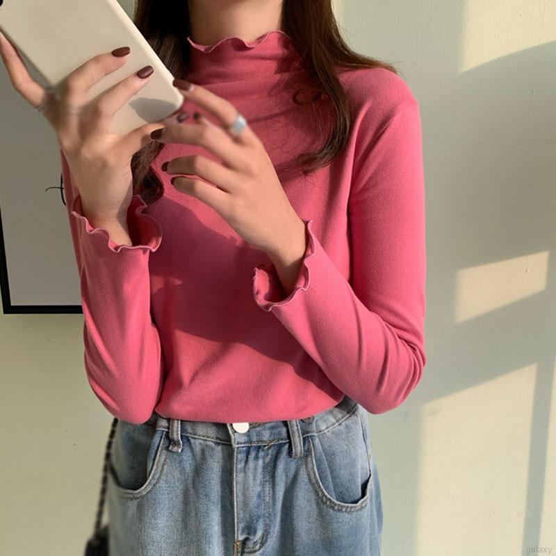 Áo thun cổ lọ tay dài màu trơn kiểu dáng đơn giản phong cách Hàn Quốc dễ phối đồ