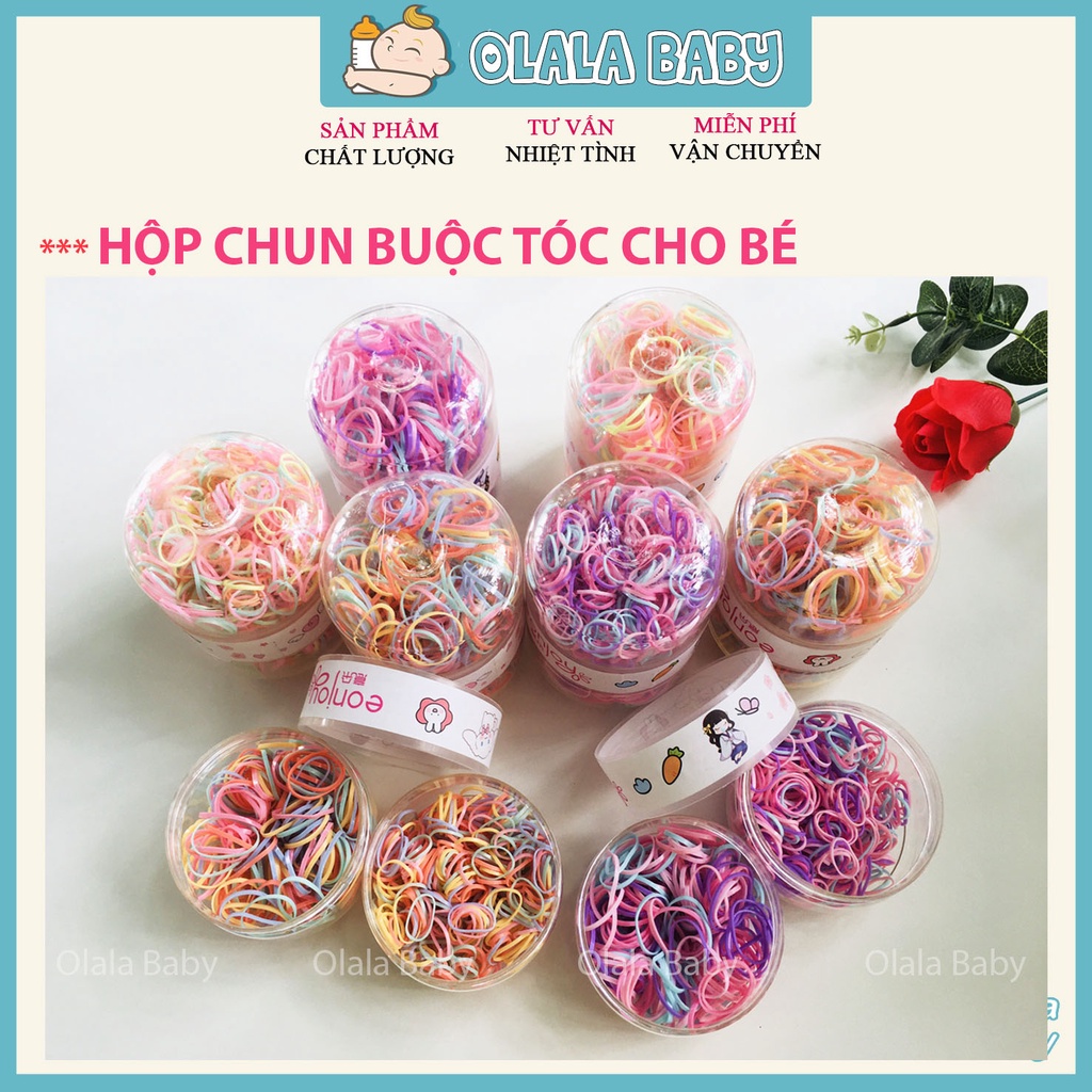 [Chun dày dặn] Hộp 600 dây chun buộc tóc cho bé co giãn nhiều màu sắc - hộp chia 2 ngăn riêng biệt [Olala Baby]