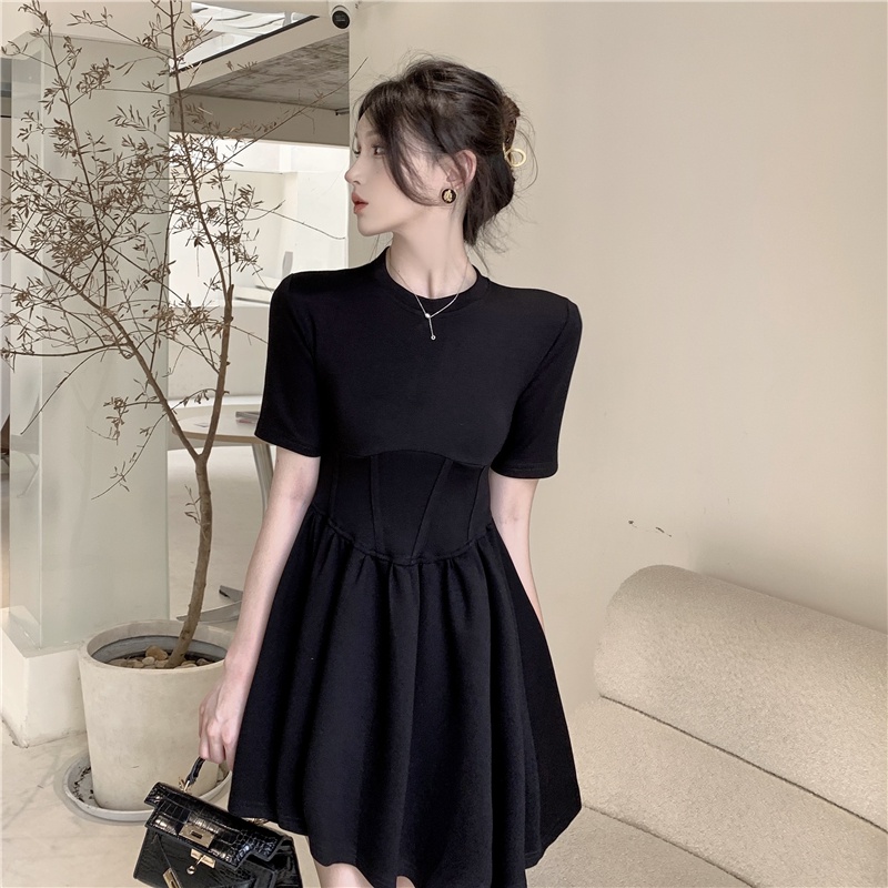 Đầm Chữ A Tay Dài Cổ Tròn Ôm Eo Co Giãn Phong Cách Mùa Thu Pháp Mới Cho Nữ