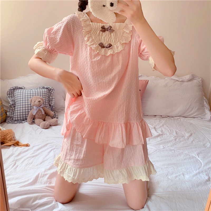 Bộ đồ ngủ cộc tiểu thư phối bèo cao cấp mùa hè