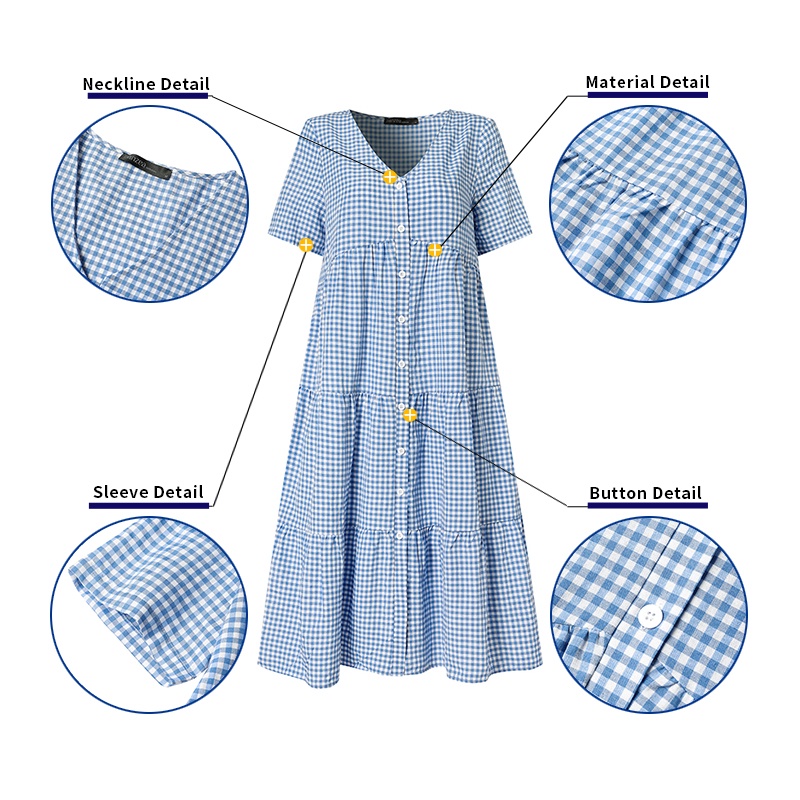 Đầm Zanzea tay ngắn cổ chữ V họa tiết sọc caro thiết kế xếp tầng thời trang cho nữ