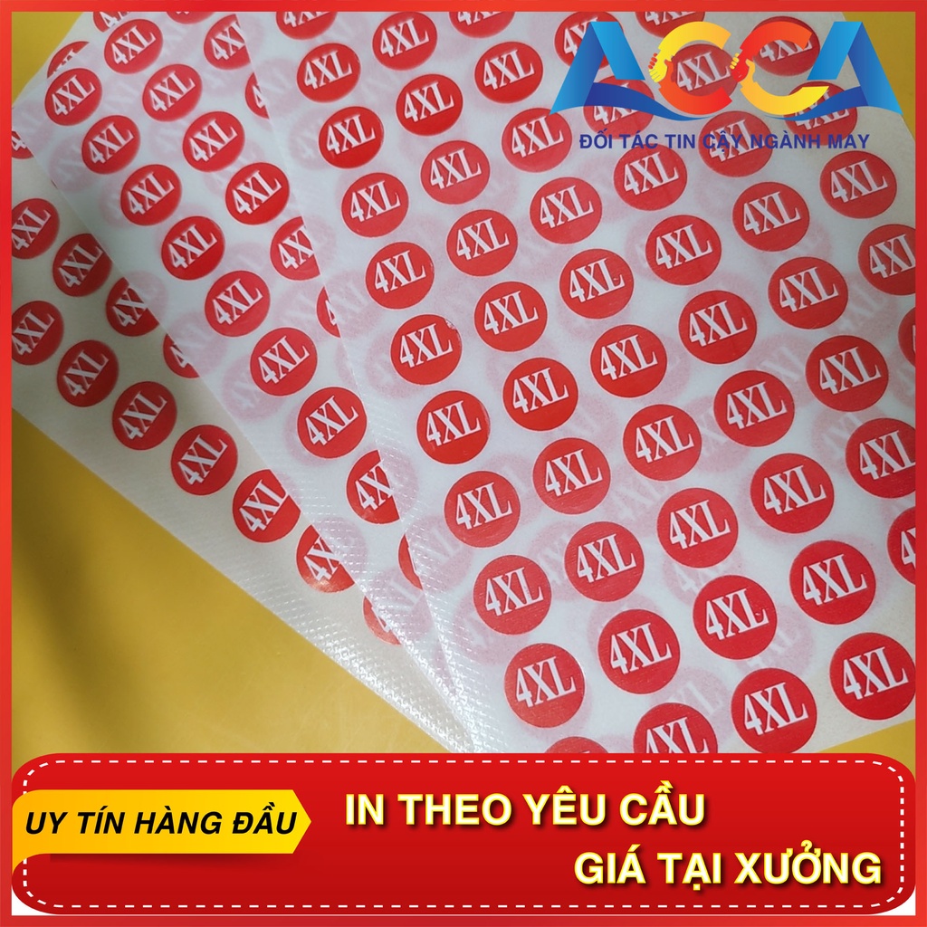 Decan dán stiker dán size áo ,size quần in nền đỏ chữ trắng nhãn mác acca