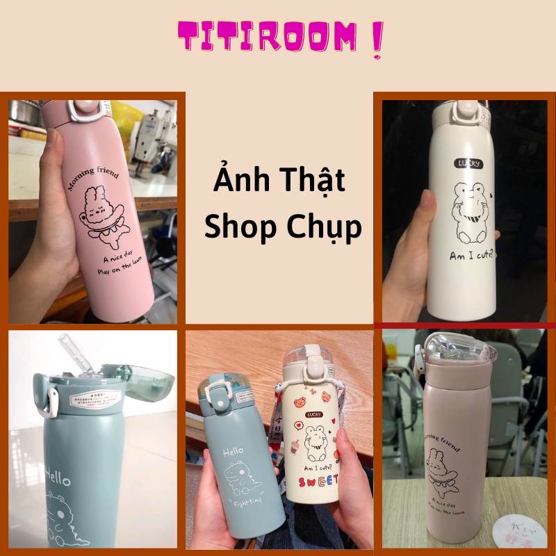 Bình đựng nước giữ nhiệt thép không gỉ INOX 304 dễ thương dung tích 500ml Ly Cốc giữ nhiệt có ống hút kèm dây +sticker