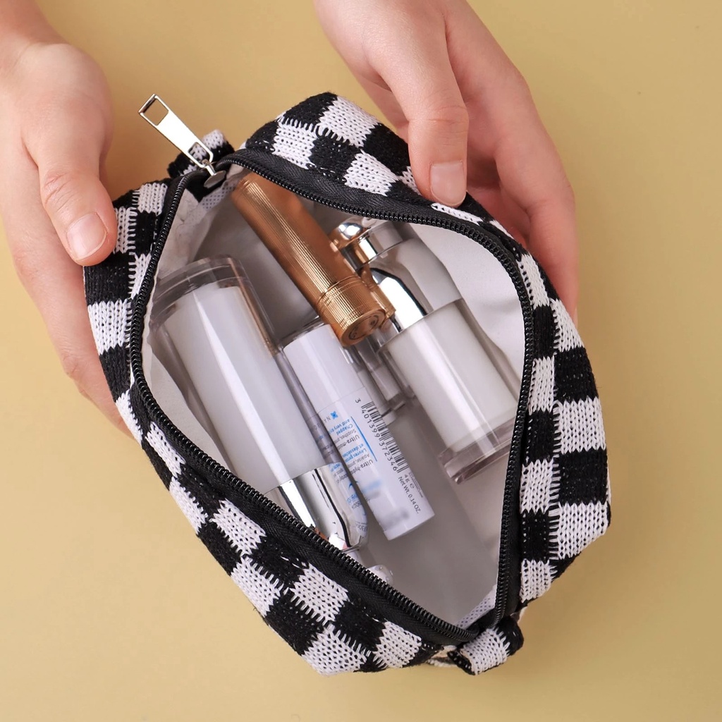 Túi Đựng Mỹ Phẩm Sức Chứa Lớn Có Khóa Kéo Họa Tiết Sọc Caro Phong Cách Hàn Quốc Thời Trang Chất Lượng Cao Cho Nữ