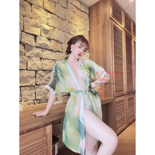 [BIGSIZE_65KG]_DN109_Set áo choàng ngủ chiffon hoa nẹp viền tay ngắn