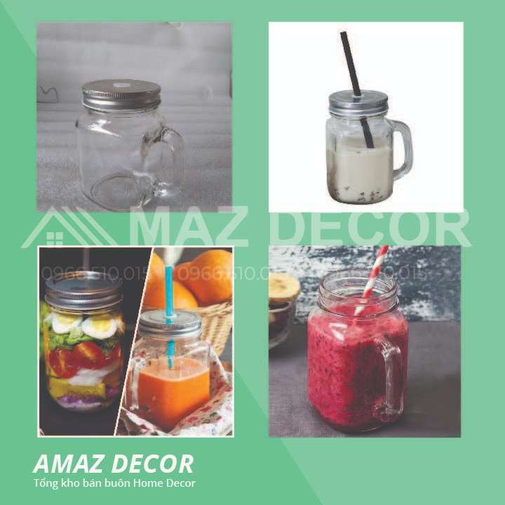 [Sỉ] Cốc Ly Chai Có Quai Cầm Thủy Tinh Trà Sữa 450ML Nắp có lỗ màu trắng dày dặn đẹp