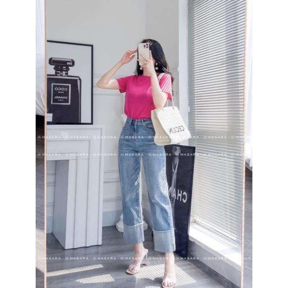 QUẦN JEAN NỮ DÁNG SUÔNG MÀU XANH GẬP GẤU