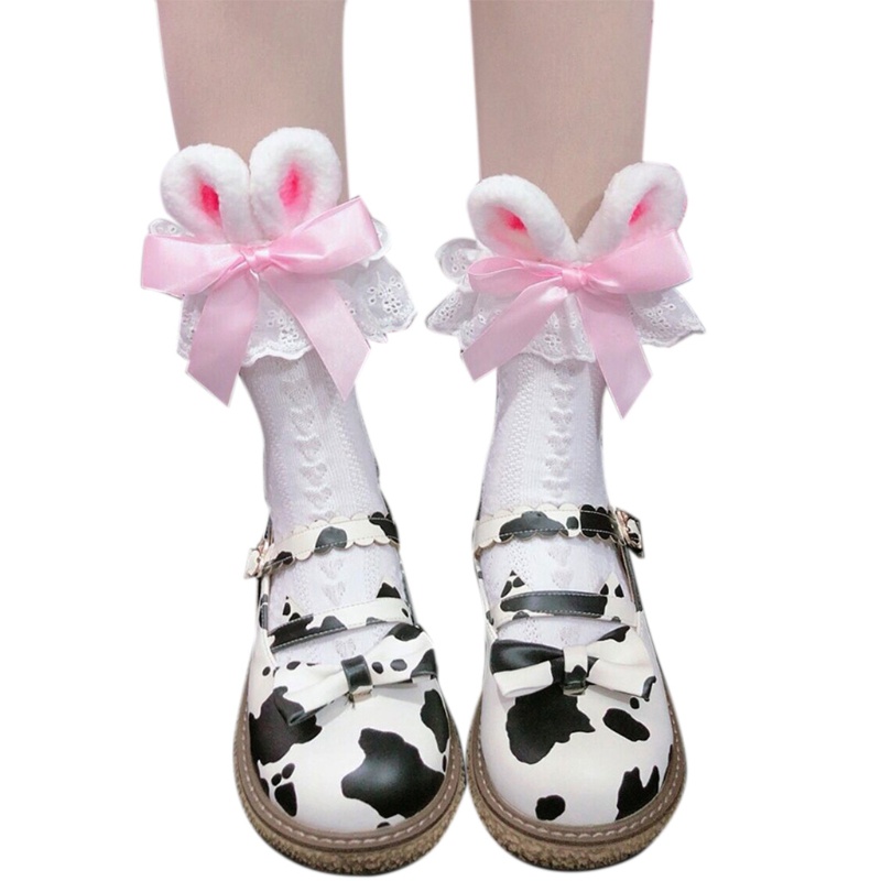 Tất Cotton Dệt Kim Đính Nơ Tai Thỏ 3D Phong Cách Lolita Cho Nữ