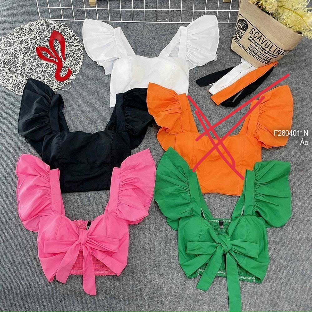 Áo kiểu croptop tay cánh tiên có mút ngực cột nơ lưng nhún cực hot . chất kate mềm mát alohashop91