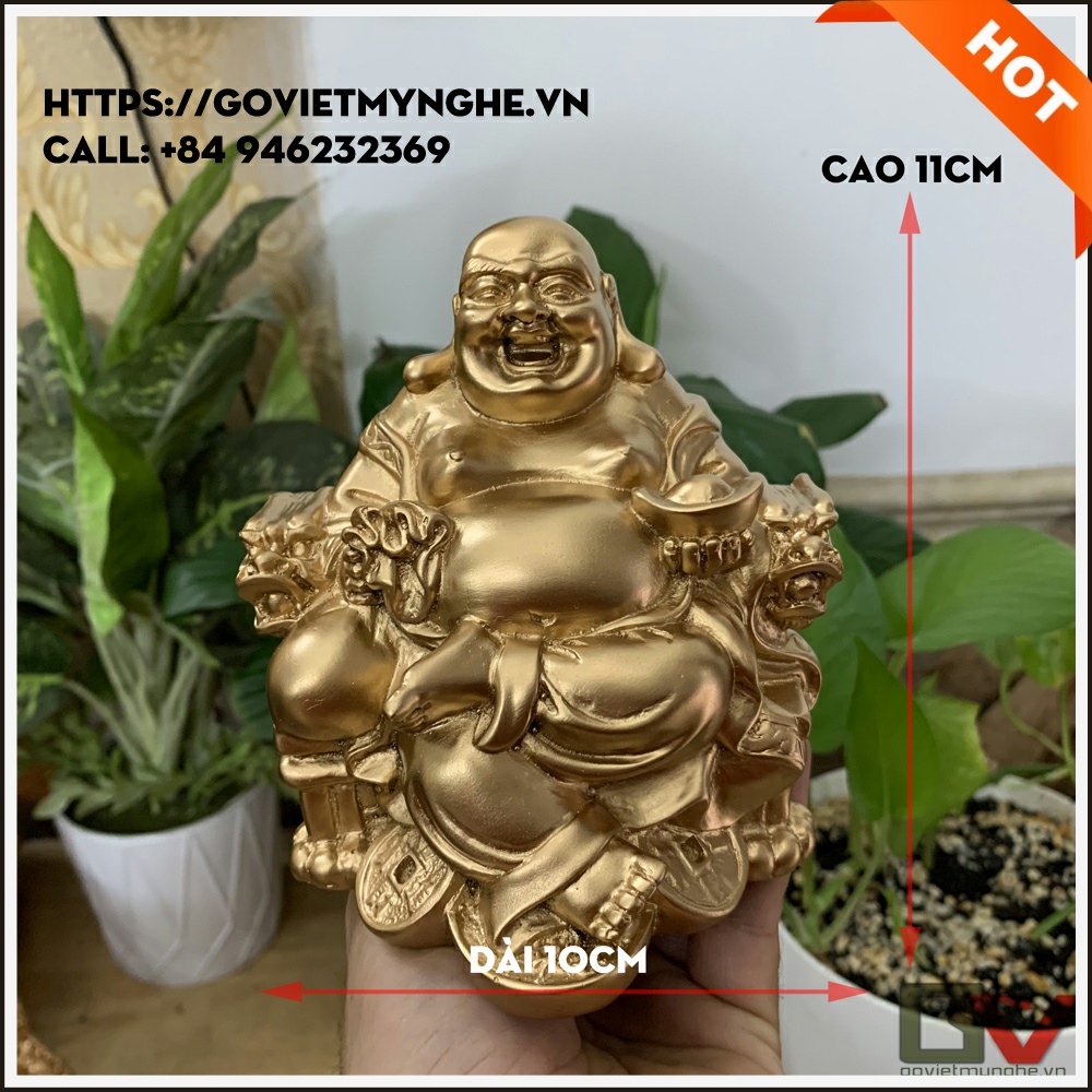 Tượng đá trang trí Phật Di Lặc ngồi trên ghế Rồng tay cầm thỏi vàng - Cao 11cm - Nhũ đồng