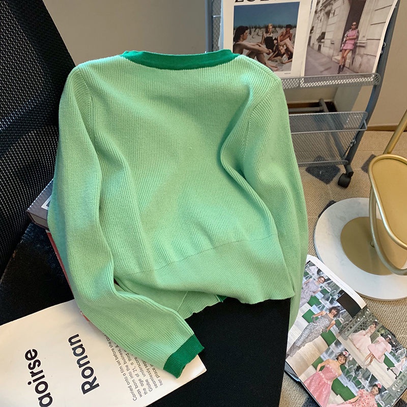 Xiaoxiangfeng Áo Khoác cardigan Dệt Kim Dáng Ngắn Cổ Tròn Màu Xanh Lá Thời Trang Mùa Thu Nhẹ Nhàng Thanh