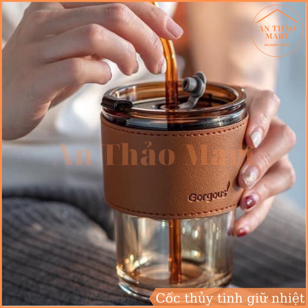 Cốc thủy tinh Gorgous giữ nhiệt, ly đựng nước chịu nhiệt bọc da kèm nắp đậy và ống hút sang trọng