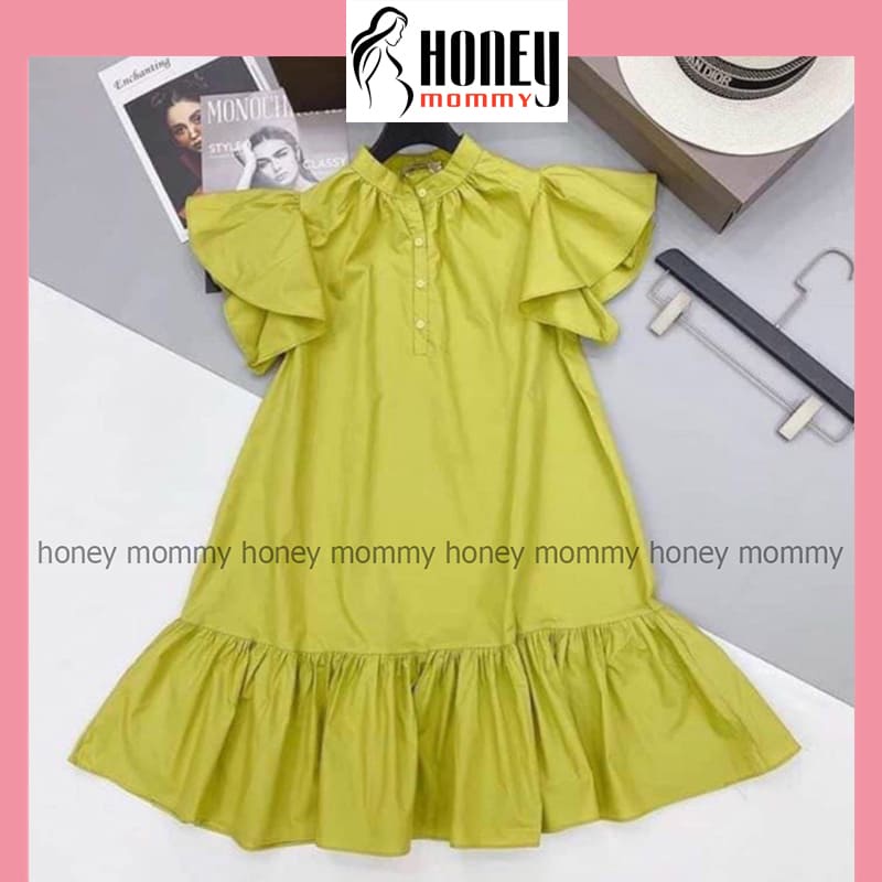 Váy Bầu Mùa Hè Dáng Suông Đuôi Cá Xanh Cốm Cổ Tàu Tay Cánh Tiên Xinh Xắn, Đầm Bầu Thời Trang HD2680 Honey Mommy