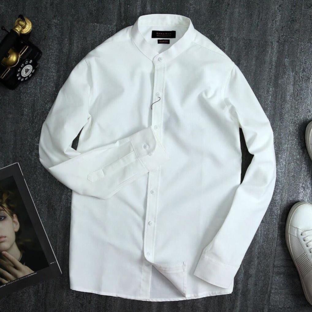 Sơ mi nam cổ tàu trắng dài tay công sở cao cấp Hamino chất lụa đẹp form slimfit ôm dáng thời trang Hàn Quốc cổ trụ B | BigBuy360 - bigbuy360.vn