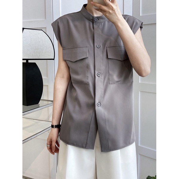 Áo sơ mi nữ sát nách có độn vai - A001