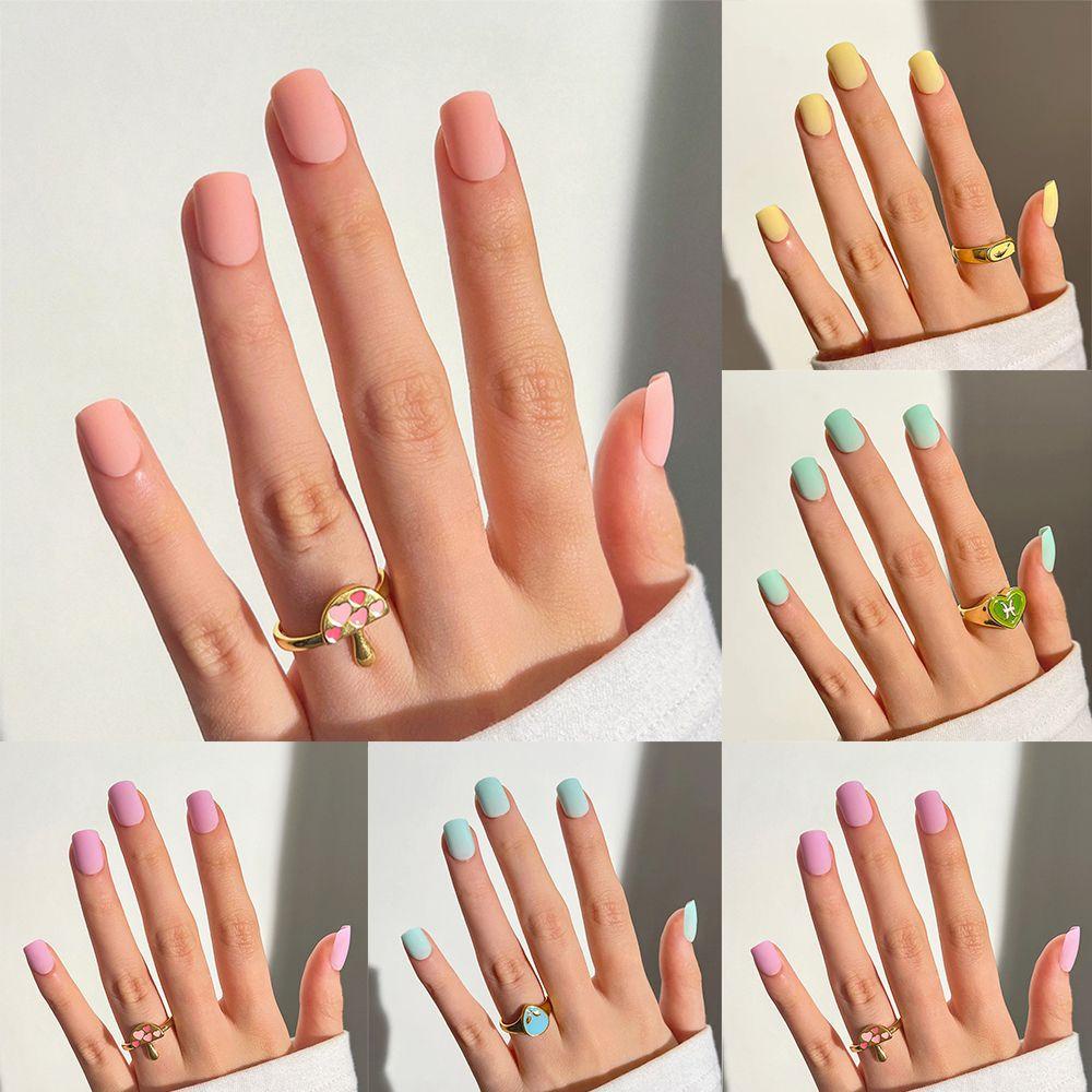 Bộ 24 Móng Tay Giả Có Thể Tháo Rời Tiện Dụng|Miếng Dán Vuông Màu Sắc Xinh Xắn