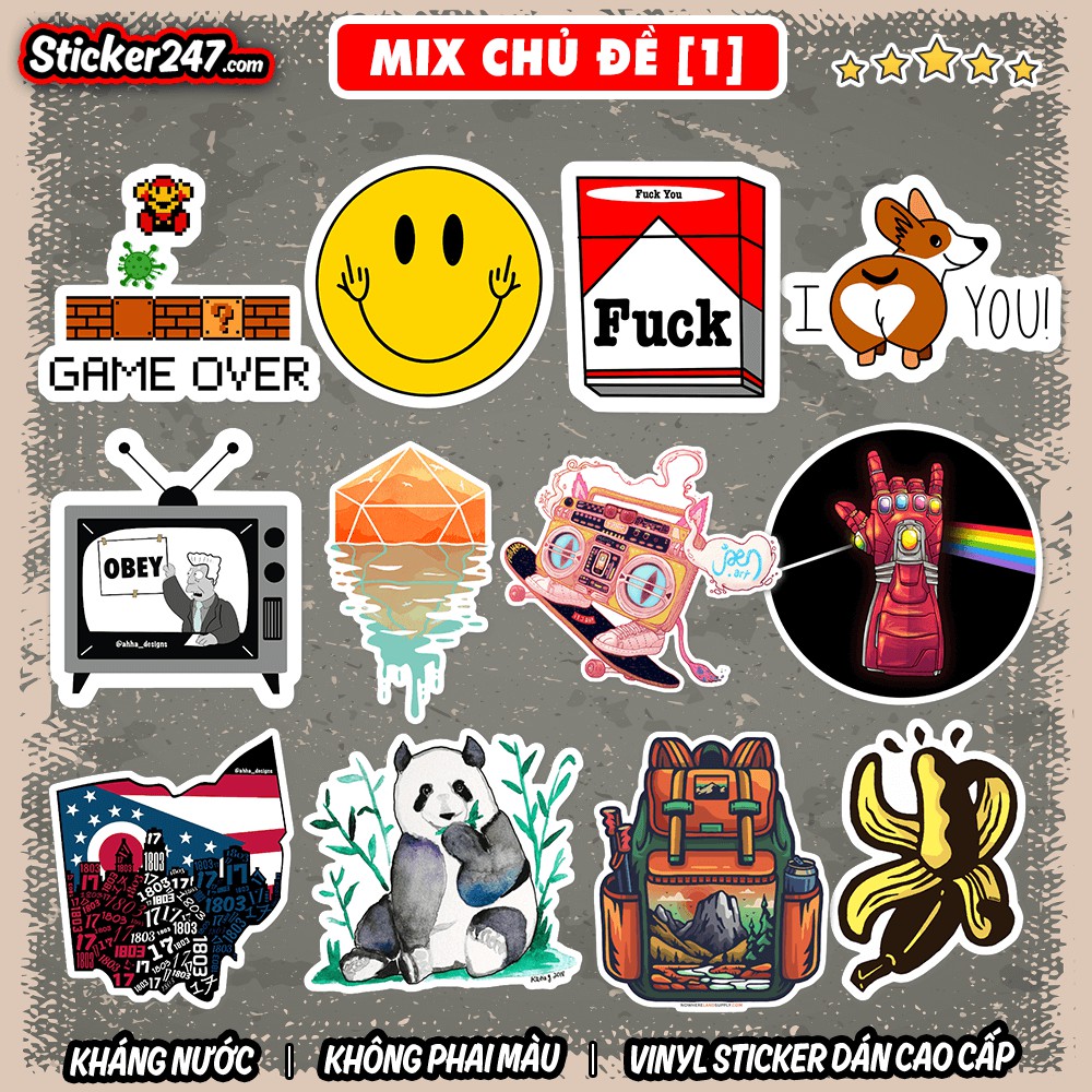 Sticker dán mũ bảo hiểm 𝑭𝒓𝒆𝒆𝒔𝒉𝒊𝒑 Retro Vintage Mix III chống nước hình dán xe, vali, đàn, laptop, ván trượt, ipad