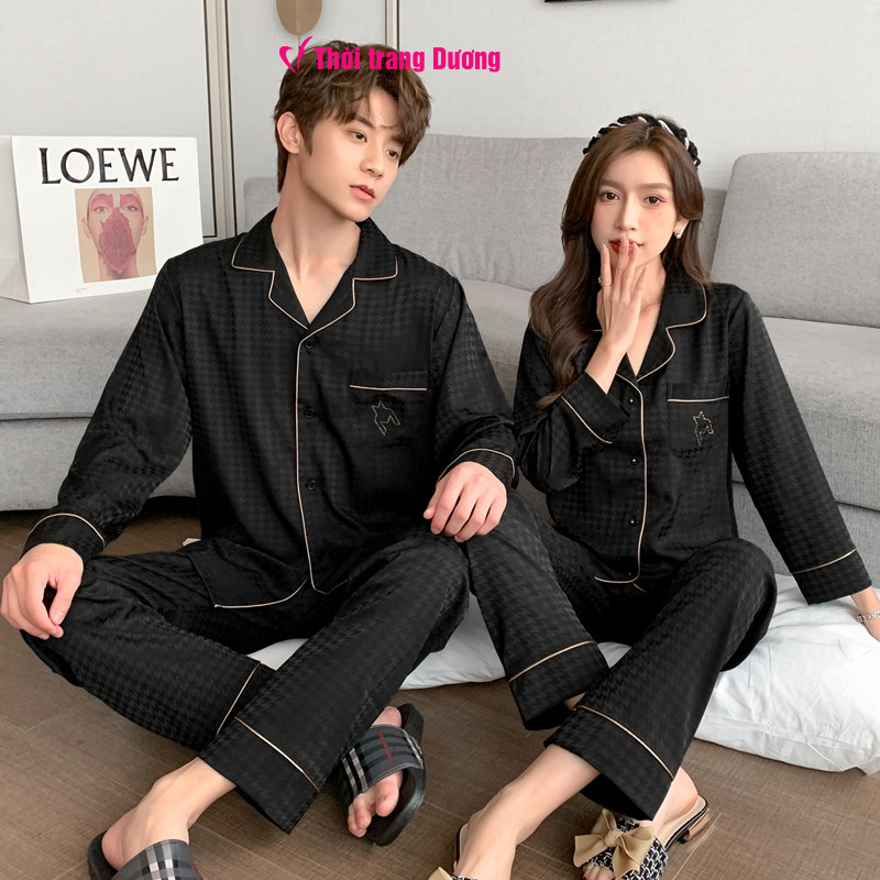 Bộ pyjama đôi nam/ nữ mặc nhà dài tay vải lụa satin mềm mại, thoáng mát G2211D - Thời Trang Dương