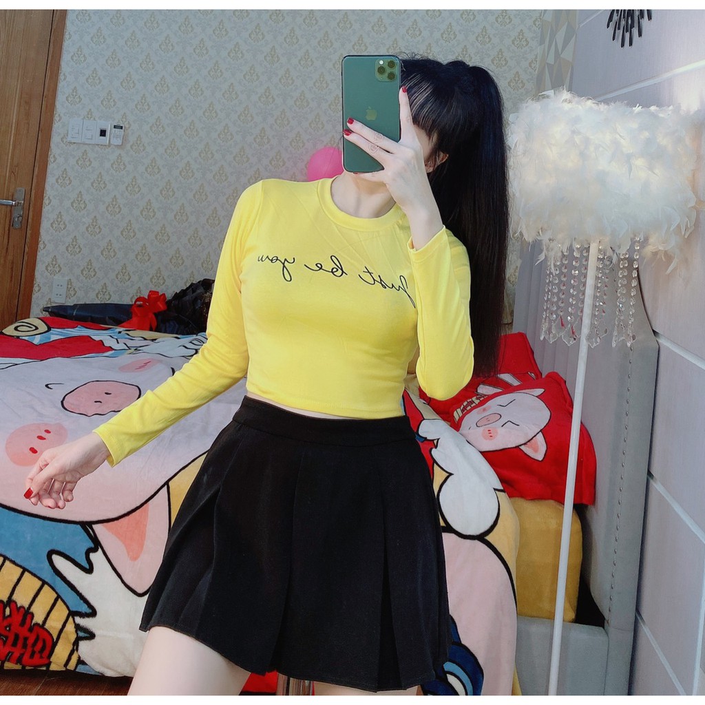 Áo kiểu tay dài ôm body . kiểu dáng croptop , in chữ trước ngực xinh , chất thun thái dày dặn co giãn