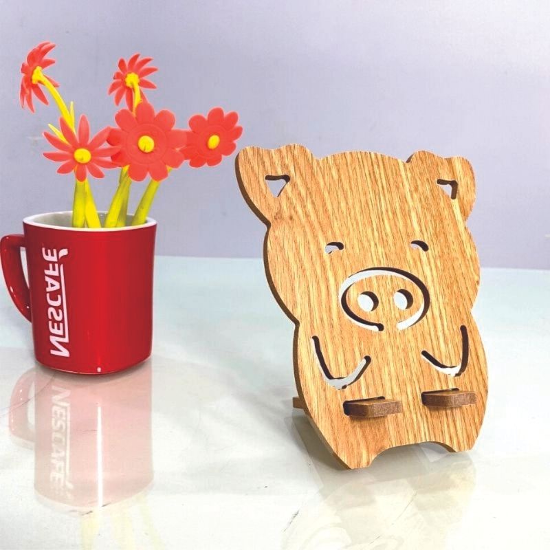 Kệ Điện Thoại Giá Đỡ Máy Tính Bảng Mini Bằng Gỗ Ép Tiện Dụng Hình Con Heo Dễ Thương 16.5cmx14.2cm