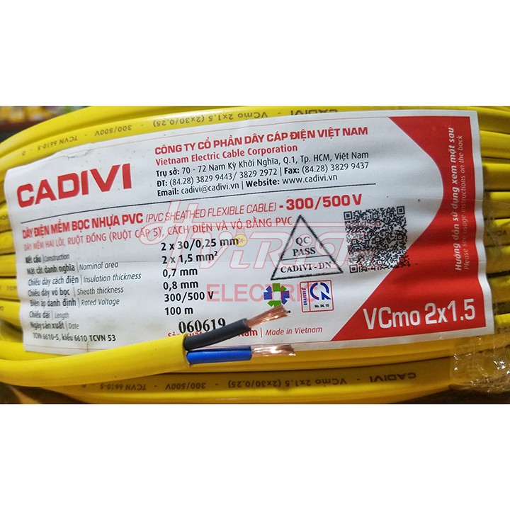 Dây điện đôi Cadivi hai lớp bọc 2x2.5 2x1.5 2x1.0 2x0.75 1 mét