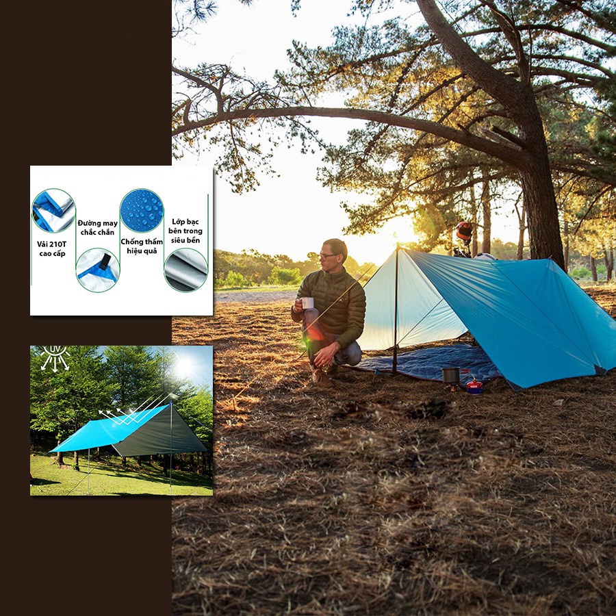 Tăng lều 3mx3m Camping tarp tráng bạc chống UV dễ dàng tùy biến với 9 kiểu setup cực tiện cho chuyến đi dã ngoại