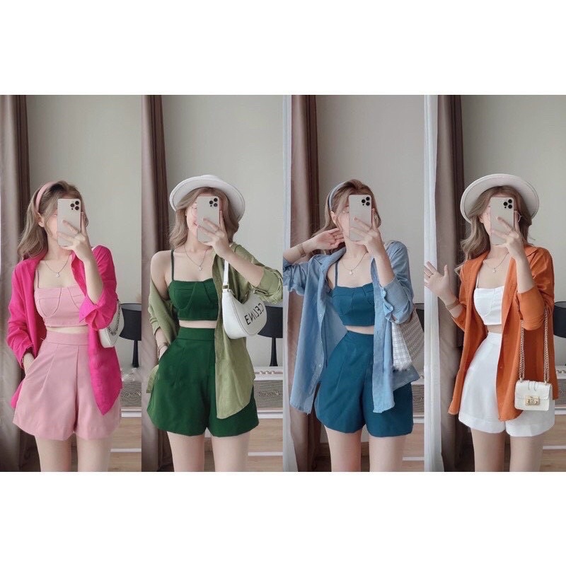 SET SƠ MI quần sort 3 món đi biển sẵn mút ngực