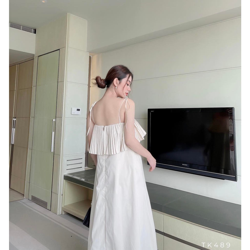 Đầm maxi dài 2 dây cột nơ dập li cao cấp