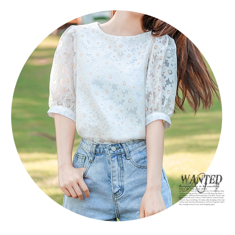 Korean Floral Print Cute Casual Blouse Women Summer Lantern Short Sleeve Top White | BigBuy360 - bigbuy360.vn