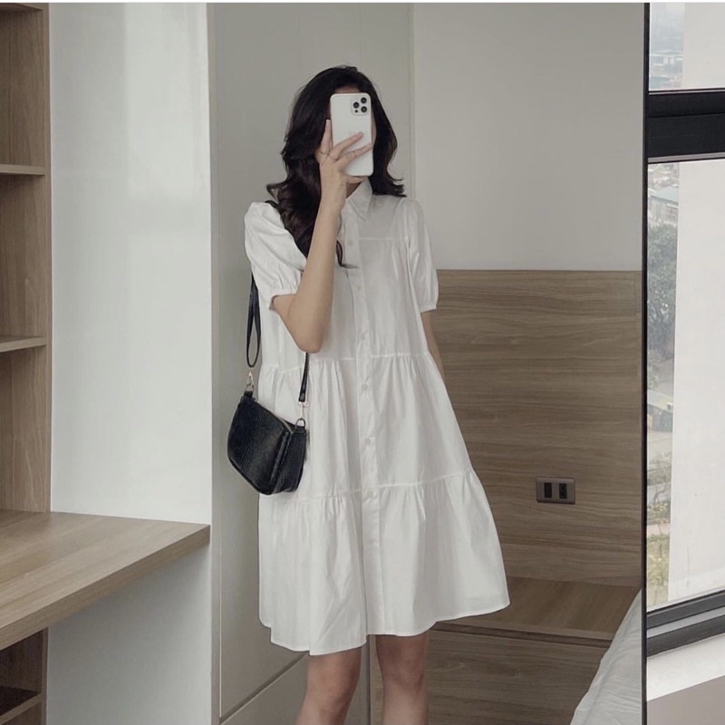 Đầm Sơ Mi Trắng Nữ Cộc Tay Cúc Cài 3 Tầng 🦋 Váy Babydoll Nữ Tay Lỡ Dáng Lửng Bo Chun Xòe 🦋