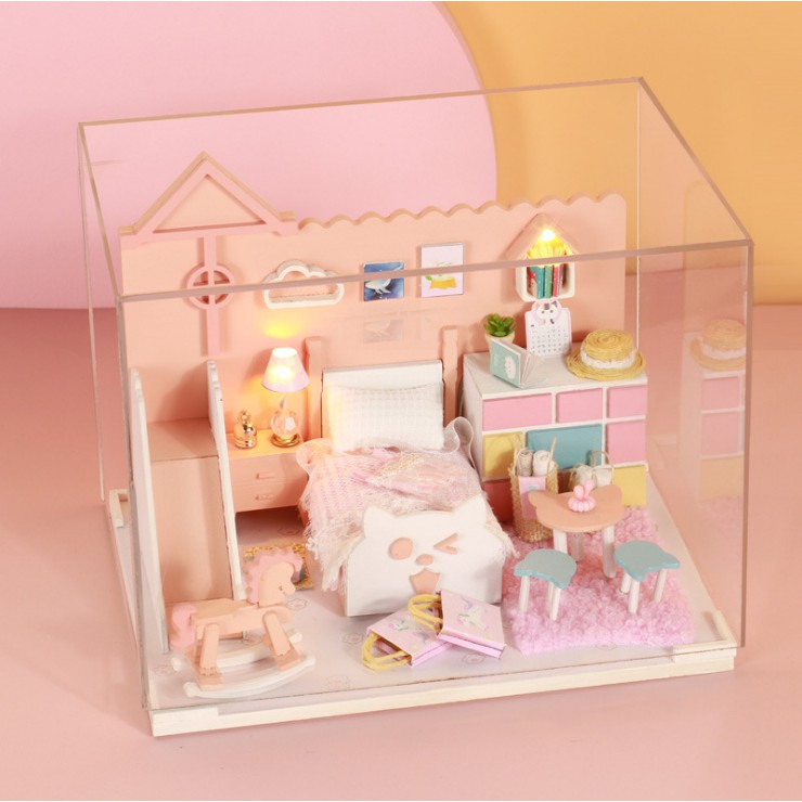 Mô hình nhà DIY Doll House Mia's Cat House Kèm Mica Chống bụi, Bộ dụng cụ và Keo dán