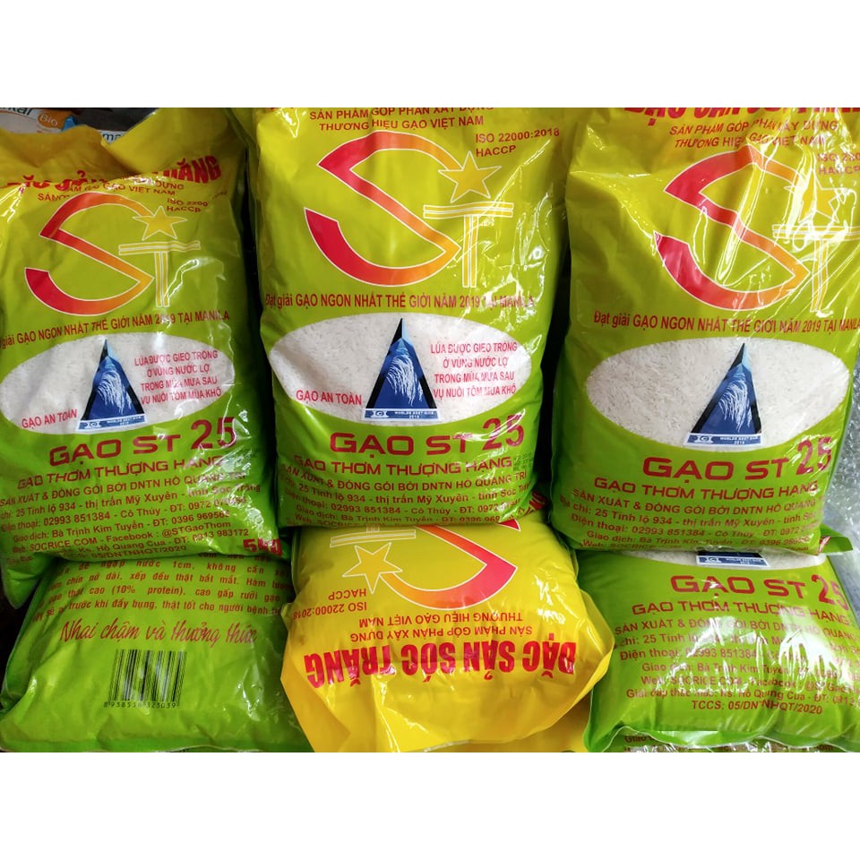 Gạo ST25 đóng gói 5kg của DNTN Hồ Quang Trí nhà bác Cua thượng hạng đây ạ- hàng chính hãng- bao bì mới, date 4/2022