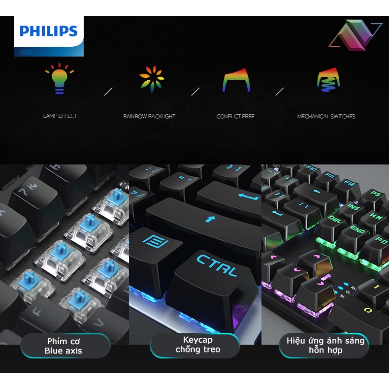Bàn phím cơ Blue switch PHILIPS SPK8401 chính hãng Bàn phím máy tính cơ dành cho game thủ