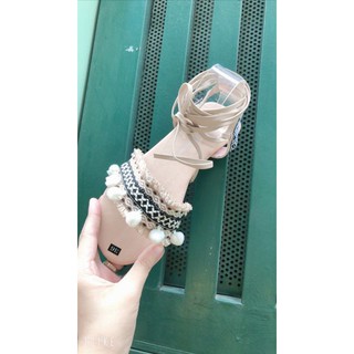 Giày sandal thổ cẩm cột dây màu da (hình thật)