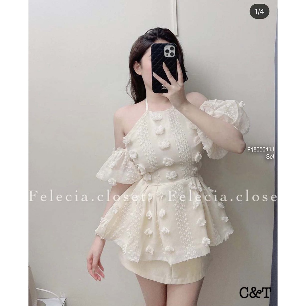 Set áo bông nổi cổ yếm hở vai tay bồng+ chân váy ngắn!
