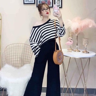 🍀Set áo sọc bẹt vai quần ống rộng🍀