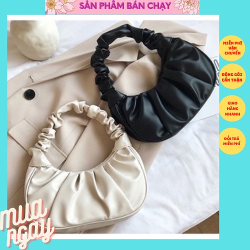Túi đeo vai da mềm xếp li quai nhúm sang trọng trăng đen - Túi đeo vai da mềm giá rẻ