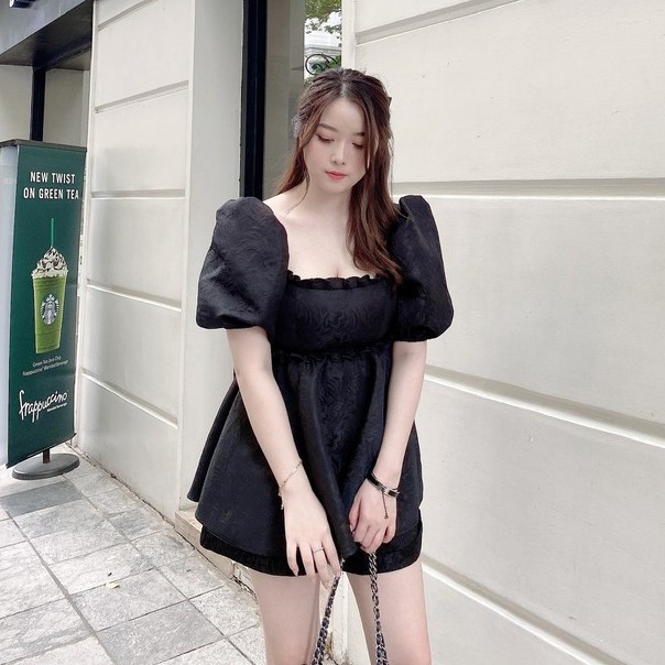 Áo babydoll cổ vuông gấm đen tingoan I’M BLUSHING TOP/BL | BigBuy360 - bigbuy360.vn